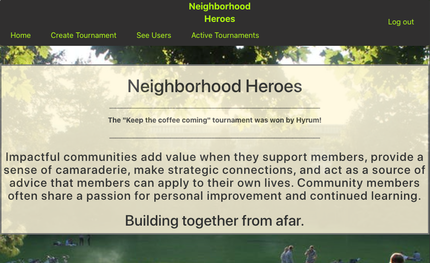 A screenshot of my neighborhood heroes app